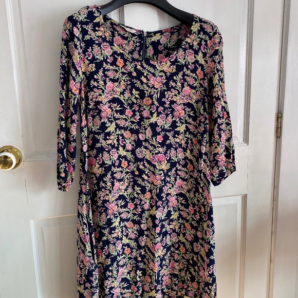 Y2K Vintage Floral Mini Dress – Navy Blue with Pink & Green Print, 3/4 Sleeves - Picture 1 of 13